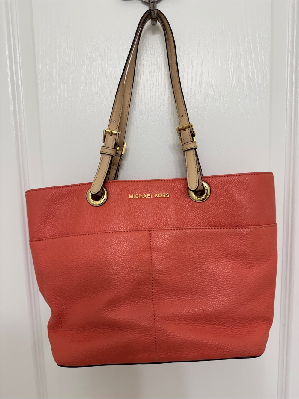 Michael Kors Coral-Orange Leather Tote with Tan Straps